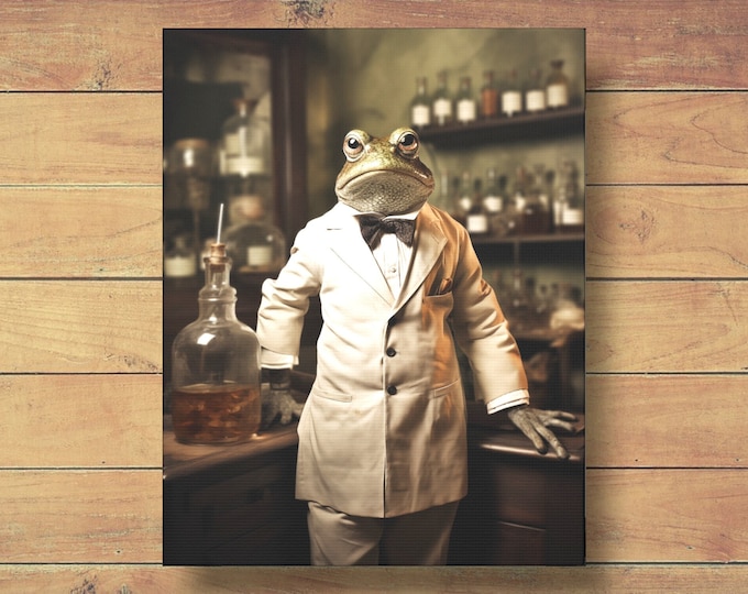 Victorian Frog Scientist Canvas Print, Whimsical Animal Portrait