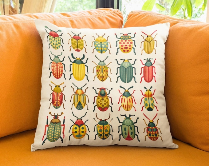 Beetles Pillow, Cottagecore Beetle Lover Throw Cushion, Bug Themed Home Decor