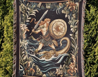 Manta de algodón tejida con Perseo y el Kraken, tapiz de la mitología griega.