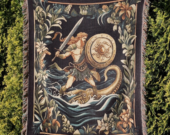 Perseus and Kraken Woven Cotton Blanket, Greek Mythology Tapestry