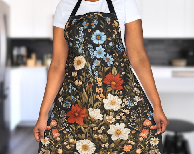 Dark Floral Apron – Cottagecore Kitchen Apron with Vintage Meadow Flowers, Rustic Wildflower Garden Gift, Botanical Cooking Apron for Her