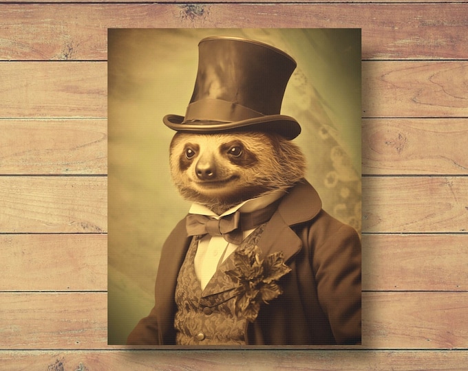 Victorian Sloth Portrait Canvas Print, Unique Animal Wall Art