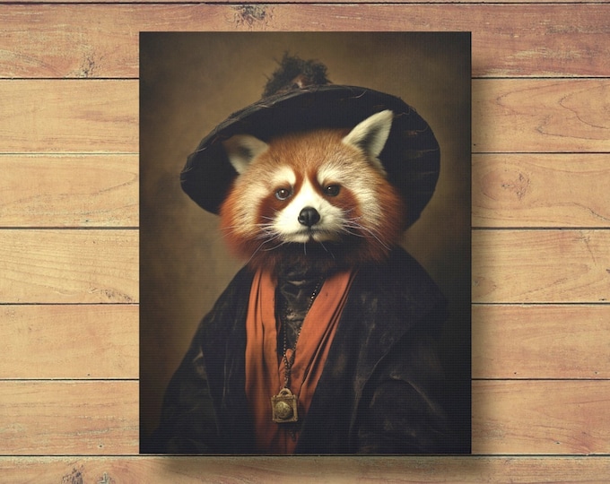 Witchy Red Panda Canvas Print, Victorian Animal Portrait, Dark Academia Decor