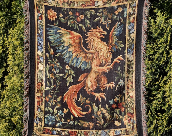 Griffin Woven Blanket, Fantasy Griffin Lover Gift, Magical Animal Fairytale Inspired Decor, Cottagecore Mythology Woven Throw