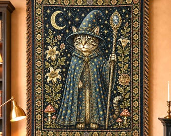 Wizard Cat Tapestry Blanket, Witchy Cat Home Decor, Cottagecore Cat Lover Gift