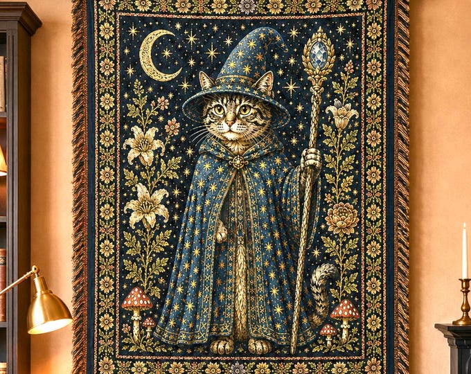 Wizard Cat Tapestry Blanket |  Witchy Cat Home Decor | Celestial Cottagecore Cat Lover Gift