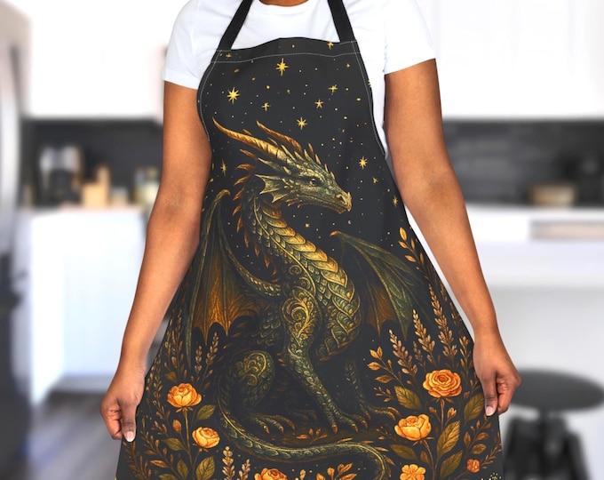 Celestial Dragon Apron, Fantasy Floral Kitchen Gift, Witchy Gothic Cooks, Medieval Dragon Lover, DnD