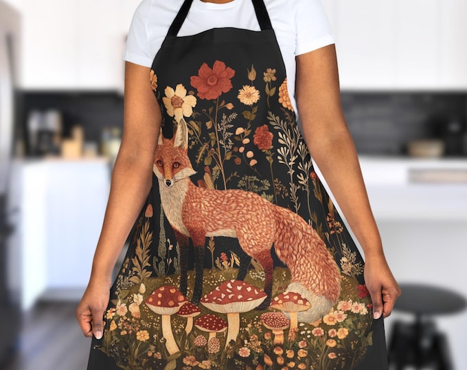 Cottagecore Floral Fox Apron, Kitchen Apron For Fox Lovers, Witchy Kitchen Gift for Mom Grandma, Artist Painter Crafter Apron