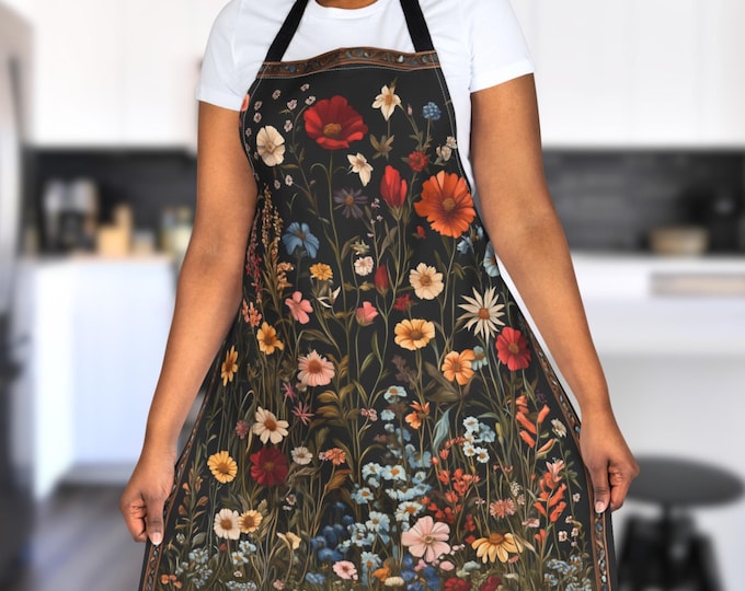 Dark Floral Apron – Cottagecore Kitchen Apron with Vintage Meadow Flowers, Rustic Wildflower Garden Gift, Botanical Cooking Apron for Her
