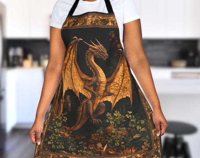 Medieval Dragon Apron, Gift for Dragon Lover, Floral Book Lover Gift, Fantasy Cooking Artist Crafting Apron