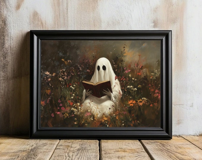 Witchy Ghost Reading in Garden Art Print, Spooky Halloween Decor (Digital Download)