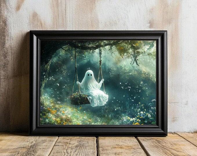 Spooky Swinging Ghost Art Print, Halloween Cottagecore Decor (Digital Download)