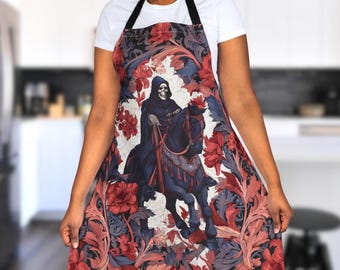 Gothic Horseman Apron – Skeleton Grim Reaper, Medieval Floral Kitchen