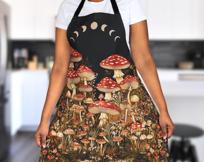 Cottagecore Mushroom Apron, Moon Phases, Floral Botanical