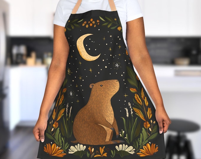 Floral Capybara Apron, Moonlit Kitchen Artist Crafting Apron