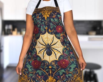 Gothic Spider Apron – Dark Floral Kitchen Apron with Roses, Baroque Design, Witchy Cooking Gift, Gothic Halloween Home Decor, Spider Lovers