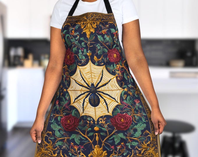 Gothic Spider Apron – Dark Floral Kitchen Apron with Roses, Baroque Design, Witchy Cooking Gift, Gothic Halloween Home Decor, Spider Lovers
