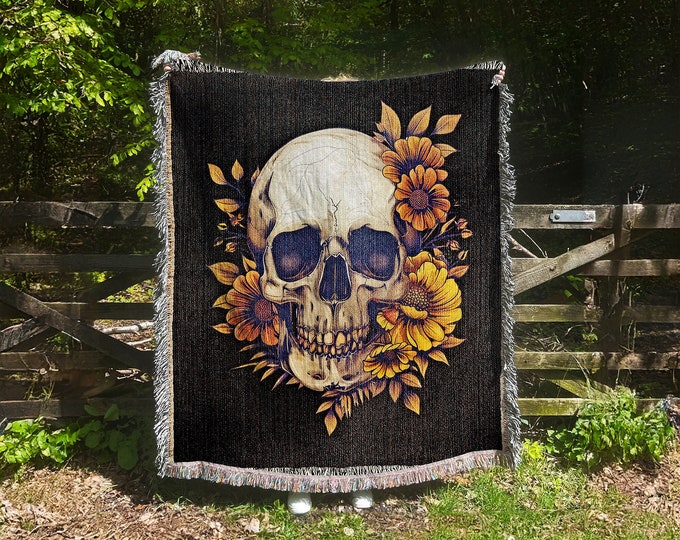 Floral Skull Woven Blanket, Cottagecore Throw, Dark Academia Decor