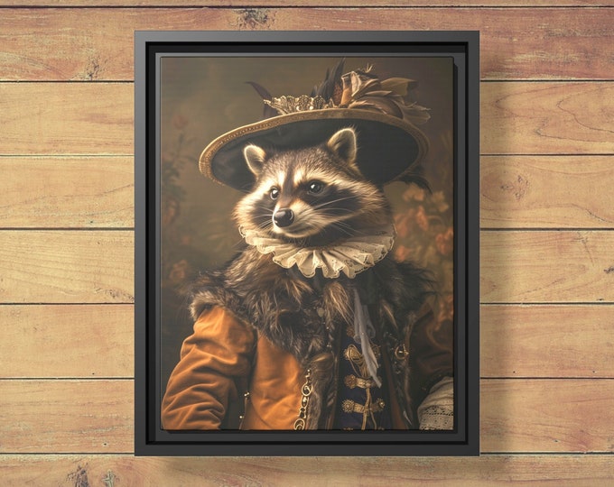 Renaissance Raccoon Portrait, Funny Framed Canvas Art