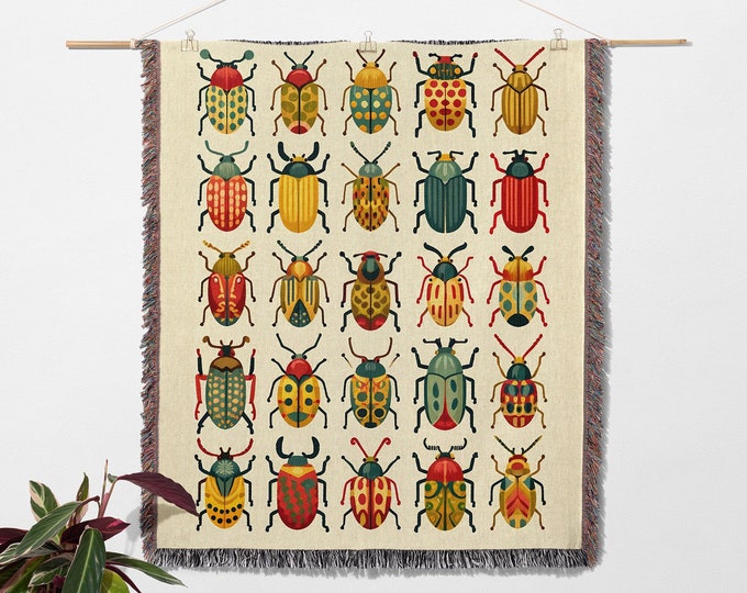 Beetle Tapestry Blanket, Cottagecore Woven Throw, Insect Decor