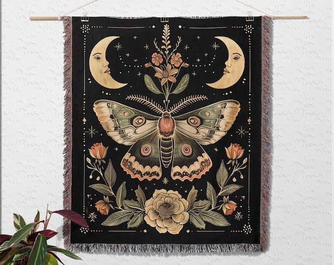 Moth Moon Phase Woven Blanket, Goth Cottagecore Tapestry