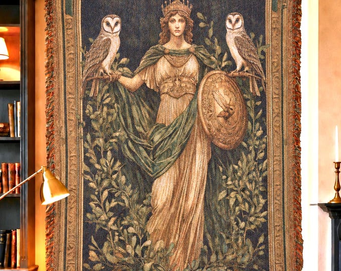 Athena Floral Woven Blanket, Cottagecore Greek Goddess Tapestry Home Decor, Vintage Gift Throw for Mythology Lovers