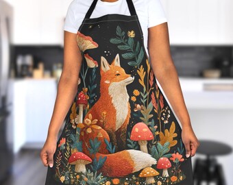 Forest Fox Apron – Cottagecore Mushroom Apron, Woodland Kitchen Gift, Fun Nature Cooking Apron, Fox Lover Gift