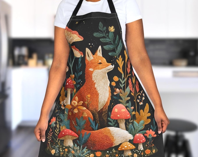 Forest Fox Apron – Cottagecore Mushroom Apron, Woodland Kitchen Gift, Fun Nature Cooking Apron, Fox Lover Gift
