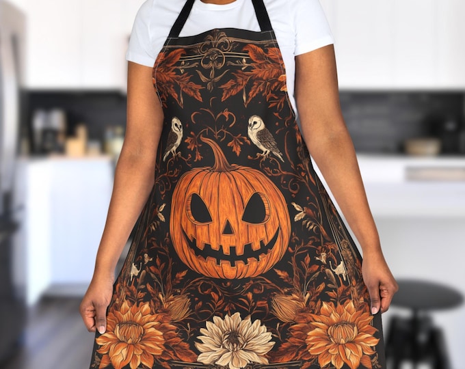 Gothic Halloween Apron – Jack-o'-Lantern, Owls & Sunflowers