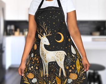 Celestial Deer Apron, Woodland Fantasy Kitchen Apron, Moon and Floral Design Cottagecore Gift, Starry Night Cooking Apron for Deer Lovers