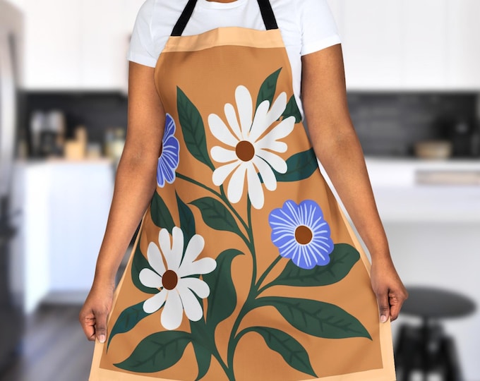 Retro Floral Apron, Botanical Daisies Print, Boho Kitchen