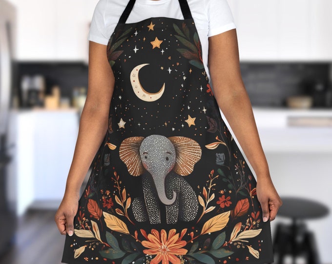 Floral Elephant Apron, Gift for Elephant Lover, Cooking Artist Crafting Kitchen Apron, Cottagecore Elephant Gifts