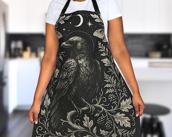 Gothic Raven Apron – Celestial Botanical Cooking Accessory and Witchy Crow Kitchen Decor