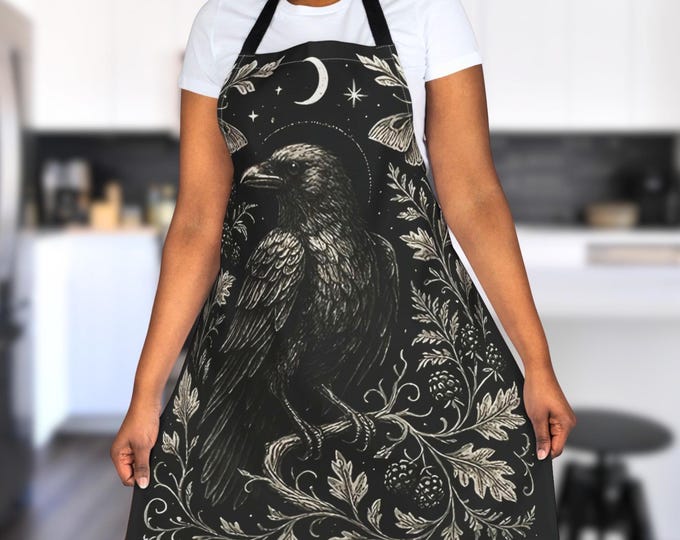 Gothic Raven Apron with Moon and Botanical Art - Witchy Crow Cooking Decor - Dark Cottagecore Kitchen Gift for Nature Lovers