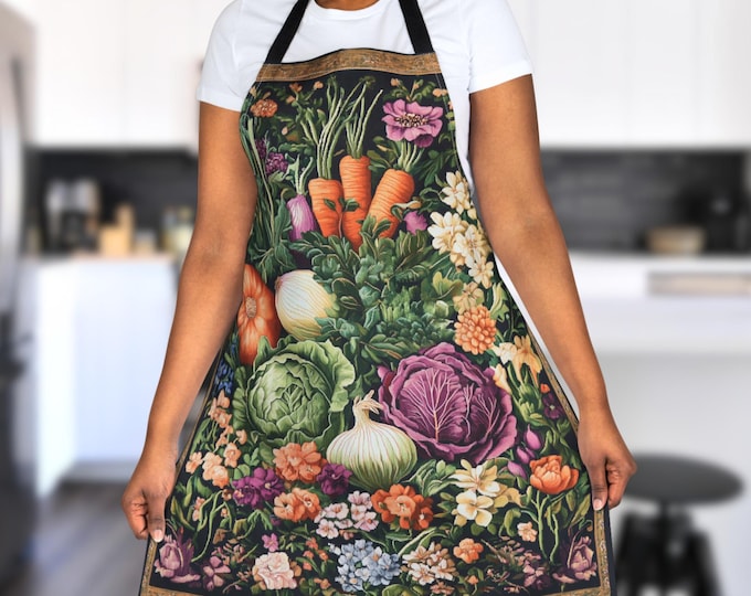 Dark Floral Apron – Cottagecore Kitchen Apron with Vintage Meadow Flowers, Rustic Wildflower Garden Gift, Botanical Cooking Apron for Her