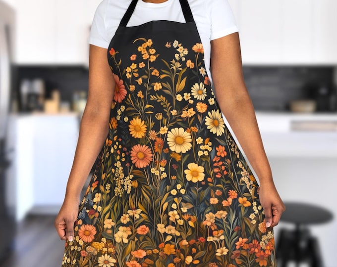 Floral Kitchen Apron, Retro Botanical Print with Wildflowers, Vintage-Inspired Aesthetic, Cooking Gift for Garden Lovers