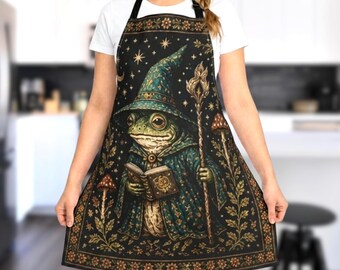 Medieval Frog Wizard Apron - Moon and Stars Kitchen Decor, Whimsigothic Baking Gift, Aesthetic Mushroom and Botanical Chef Apron