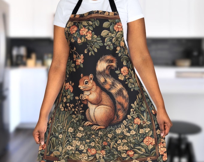 Cottagecore Floral Squirrel Apron, Botanical Kitchen Apron