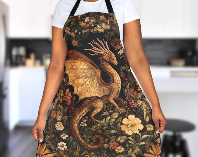 Floral Dragon Kitchen Apron – Gothic Cottagecore Cooking Gift
