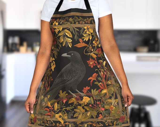 Raven Apron, Floral Gift for Crow Lover, Gothic Cooking Artist Crafting Apron