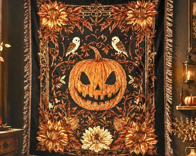 Halloween Pumpkin Tapestry Blanket – Jacquard Woven Throw with Jack-o'-Lantern, Owls & Sunflowers, Gothic Fall Decor, Spooky Autumn Blanket