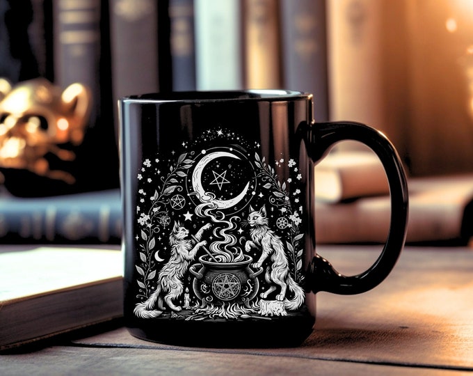 Celestial Cat Mug, Witchy Dark Cottagecore Gift,  Black Cat Coffee Mug, Tarot Gift for Cat Mom, Witch Cat Tea Cup, Cat Lover Gift