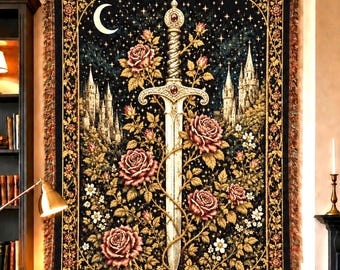 Medieval Sword and Roses Woven Blanket, Gothic Floral Tapestry Throw, Cottagecore Home Decor, Fantasy Wall Hanging, Jacquard Cotton Blanket