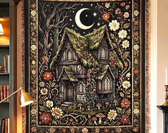 Gothic Cottagecore Woven Blanket, Dark Academia Witchy Tapestry, Whimsigothic Forest Home Decor, Floral Moon Mossy Cabin Throw