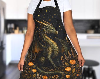 Celestial Dragon Apron, Fantasy Floral Kitchen Gift for Witchy or Gothic Cooks, Unique Gift for Medieval Dragon Lover, For DnD Players