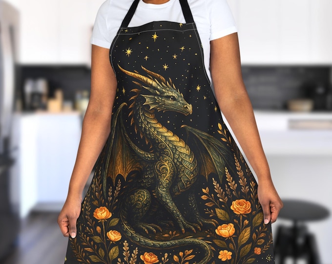 Celestial Dragon Apron, Fantasy Floral Kitchen Gift for Witchy or Gothic Cooks, Unique Gift for Medieval Dragon Lover, For DnD Players
