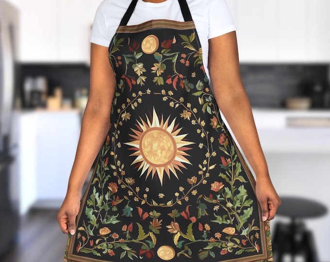 Celestial Sun and Moon Apron, Floral Moon Apron, Astrology Lover Gift, Cottagecore Flowers Cooking Artist Crafting Kitchen Apron