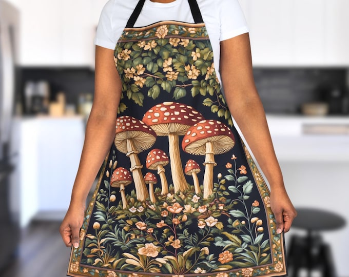 Mushroom Apron – Cottagecore Toadstools & Wildflower Kitchen Apron
