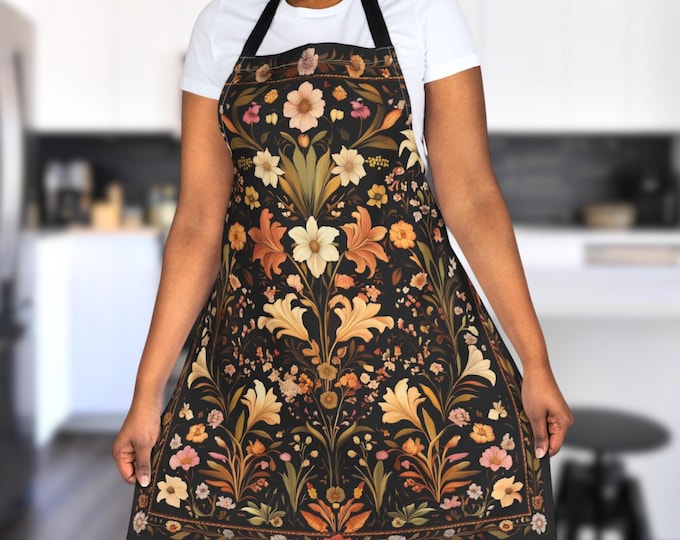 Dark Floral Apron – Cottagecore Kitchen Apron with Vintage Meadow Flowers, Rustic Wildflower Garden Gift, Botanical Cooking Apron for Her