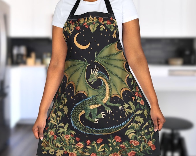 Green Dragon Kitchen Apron – Fantasy Floral Medieval Design